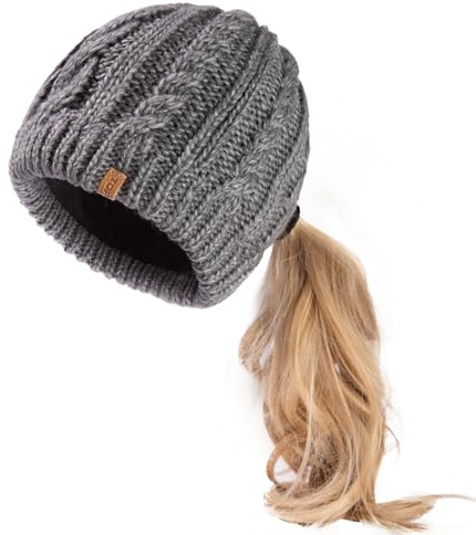 TOP-EX Merino-Wollmischung Messy Bun High Ponytail Loch Fleecegefütterte Beanie Wintermütze für Frauen mit großem Kopf