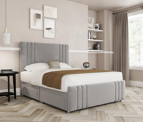 THE BED VILLAGE YORKSHIRE Ripon with Footboard Divan Double Bed and Mattress Included, Headboard & 2 Drawers Foot End | Silver Grey Plush Fabric | British Timber | Sustainable Handcrafted Design