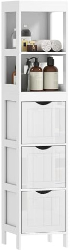 HOMCOM Narrow Bathroom Storage Cabinet, Bathroom Floor Cabinet with 3 Drawers & 2 Open Shelves, Freestanding Slim Storage Organizer for Small Spaces, White