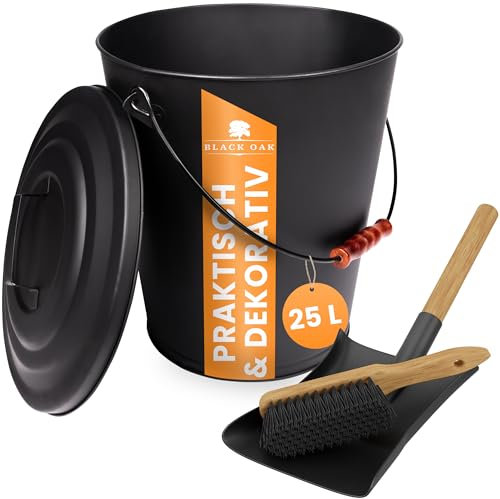 BLACK OAK Santorini Seau à cendres 25 l - Set pelle et balai - Grand modèle - 25 l - Noir - Rond - Avec couvercle en acier galvanisé et revêtu par pulvérisation - Pour cendres et charbon - Accessoire