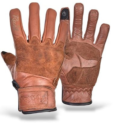 TLA RUST Guanti moto in pelle vintage con protezioni nocche omologati CE, 2XS a 4XL uomo e donna, Guanti da moto cafè racer, scooter, racing, touchscreen, alta protezione all'impatto.