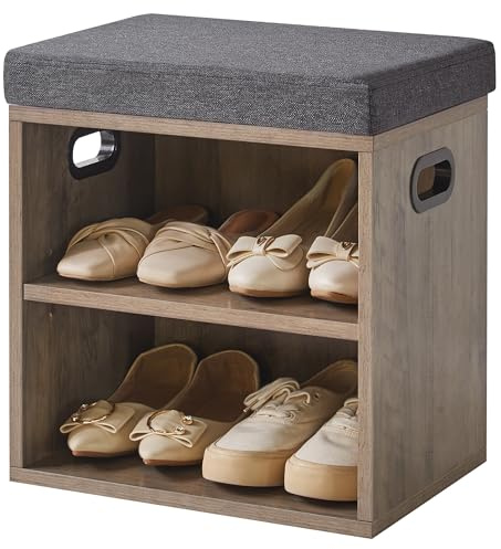 YMYNY Skobänk med sittbänk, liten skohylla med sittbänk, förvaringsutrymme för entré, hall, sovrum, 42 H x 39 L x 28 W, silvergrå HBD028Y