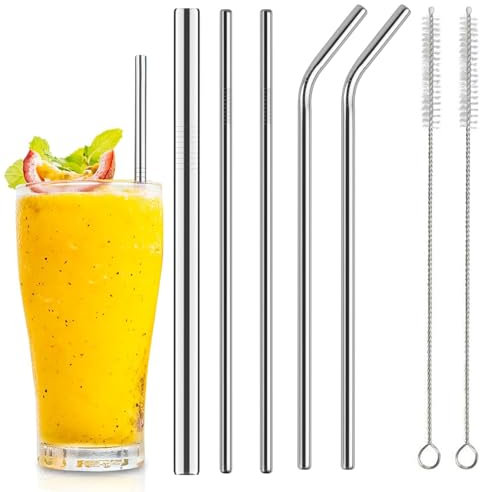 Set of 5 Reusable Metal Drinking Straws(3 Straight + 2 Bent + 2 Cleaners), 8.5’’ Long Stainless Steel Straw with Cleaning Brush,Party Summer Use Birthday Smoothie Milk Shake Water Juice (Sliver)