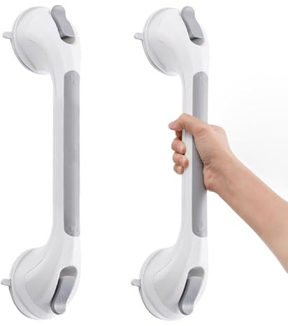 DUORAN Shower Handle 2 Pack, 17 Inch Grab Bars for Bathtubs and Showers, Strong Suction Cup Safety Handrails for Seniors, Elderly, Injury Recovery, No Drilling Waterproof Bathroom Grip, Grey