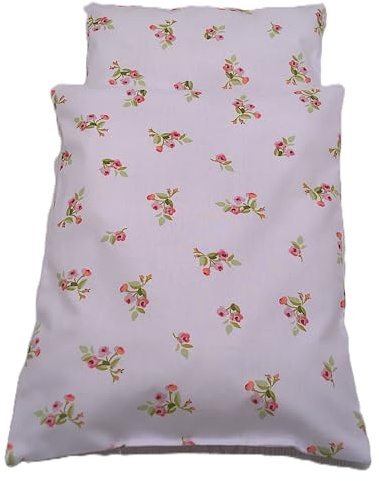 Puppenbettwäsche rosé Rosen`Serie Jolie`, verschiedene Modelle für Puppenbett, Puppenwagen Decke 40h x 32b, Kissen 16h x 22b (Blumig klein D.33h x26, K.16c 24b)