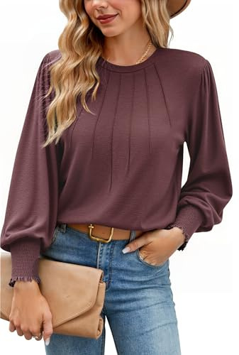 Gyabnw Women's Long Sleeve Tunic Top Puff Sleeve Pleated Crew Neck