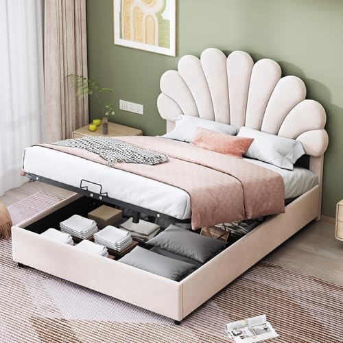 Lahoomu Polsterbett 140 x 200 cm, mit geblümtem Kopfteil und Lattenrost, mit höhenverstellbarem Kopfteil und hydraulischem Stauraum, Juniorbett doppelt, hautfreundlicher Samtstoff, Beige