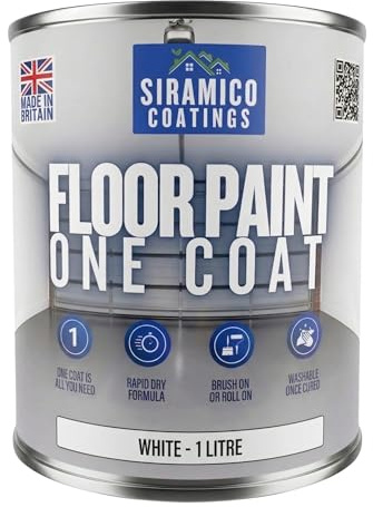 SIRAMICO COATINGS One Coat Anti-Slip Floor Paint | 1 Litres | 5 Modern Colours I Waterbased, Quick Drying Formula | White, Black, Greys (White, 1 Liter)