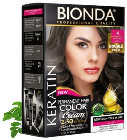 Bionda Professional Hårfärg 4 Kastanjebrun 200 ml Dubbelpack Keratin | Permanent cremefärg med keratin och moringa som täcker grått till 100% och ger jämn, långvarig färg med lyster