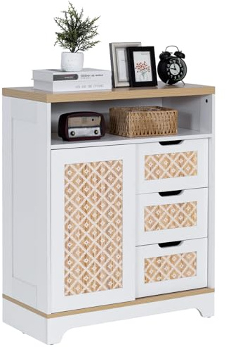ALBAD Boho Storage Cabinet with Rattan Doors, 3 Drawers and Adjustable Shelf Buffet Cabinet, Sliding Door Coffee Bar Cabinet for Living Room, Dining Room, Entryway, Pantry