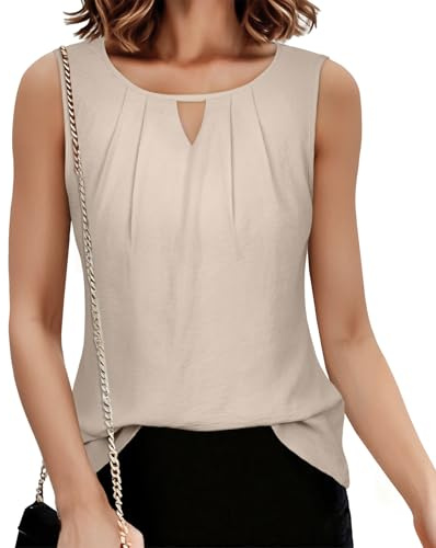 florynova Womens Vest Tops Summer Sleeveless Tank Top Keyhole V Neck Blouses Casual Pleated Shirts(B Beige,XL)
