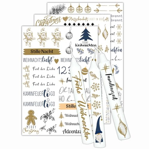 Oizemori Kerzentattoos Weihnachten – Kerzen Tattoo & Aufkleber für Adventskerzen, DIY Kerzen Deko mit Weihnachtsmotiven, ideal für Advent, Festtafel und winterliche Geschenkideen