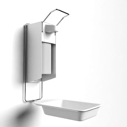 Horn Medical Wandspender aus hochwertigem Aluminium für 500ml Euroflaschen, Seife, Desinfektionsmittel/inkl. Leerbehälter & Wandbefestigung (Spender mit Abtropfschale)