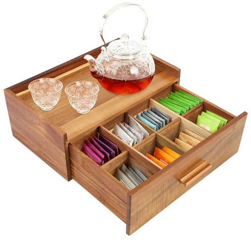 BigKing Boîte à thé en bois avec 8 compartiments, 32,3 x 20,5 x 12,5 cm, type de tiroir avec poignée dorée, récipient pour plan de travail, service à thé, peut contenir des sachets de thé, café et