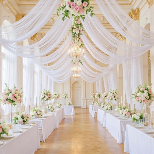 White Wedding Ceiling Drapes (6 Panels) - 5ft x 10ft Tulle Fabric for Arch Draping, Wedding Ceremony Backdrops, Stage Party Decor