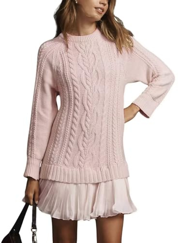 WINKEEY Robe Pull Femme en Maille Torsadée Manches Longues Robe Courte Elégante avec Jupe Plissée en Chiffon