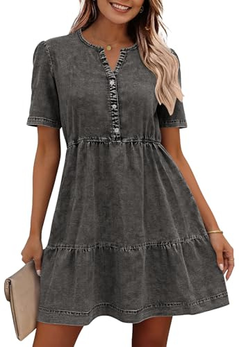 Ancapelion Abito in denim per le donne Babydoll a maniche corte abbottonatura jeans camicia abiti estivi in cotone casual, B-grigio scuro., S