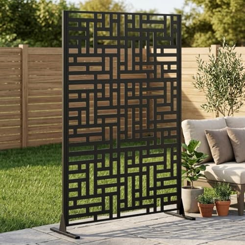 Generisch Freistehender Metall Sichtschutz 183 x 116 cm, Dekorative Gartenzaunpaneele mit stabilem Sockel, Tragbarer Trennwand für Terrasse Balkon Garten Hinterhof Deck