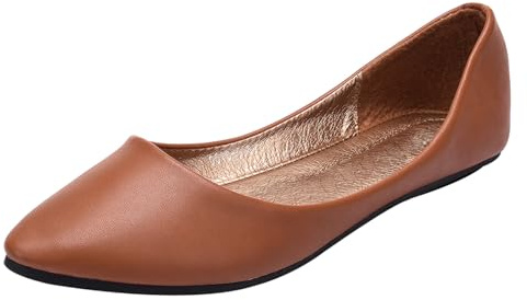 ANUFER Mujer Bailarina Dedo del Pie Puntiagudo Cuero de Microfibra Ponerse Plano Bombas de Vestir Zapatos Marrón SN020536 EU38.5