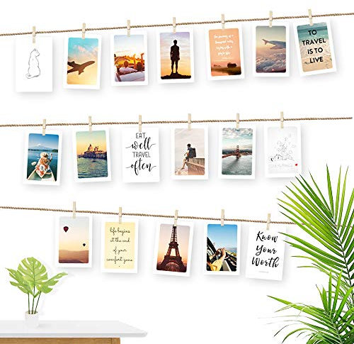 ecooe Cornici Foto Multiple da Parete con 30 Clip e 10 Unghie Senza Tracce, 3M Juta Spago Porta Foto con Mollette, Cornice Portafoto Collage per Appendere da Decorazione