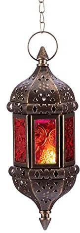 Nuptio Moroccan Candle Lantern Hanging Tea Light Candle Holders Metal & Glass Ramadan Lamp Brown Decorative Lanterns for Candles for Living Room Balcony Patio Halloween Christmas Decorations, 1 Pc