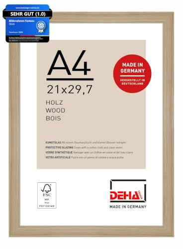 DEHA Design Holz Bilderrahmen Fontana, 21 x 29,7 cm (A4), Hellbraun | Holz Dokumentenrahmen im Hoch- & Querformat zum Aufhängen Hellbraun matt bruchsicheres Kunstglas