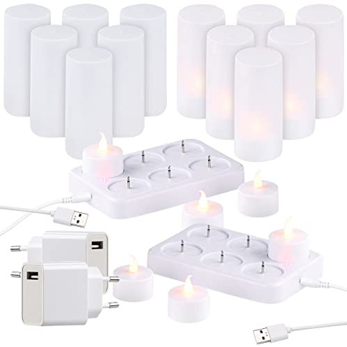 Lunartec Teelichter zum Aufladen: 2er-Set, je 6 LED-Akku-Teelichter, flackernde Flamme, Teelichthalter (mit Ladestation, Akku mit Ladestation, wiederaufladbare)