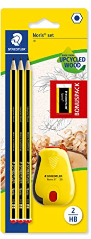 STAEDTLER 120 SBK3P2 Noris Edición Limitada Feliz Aniversario - Blister con 3 lápices de grafito Noris HB de Grafito, Afilalápices con depósito Noris + GRATIS goma de borrar Noris