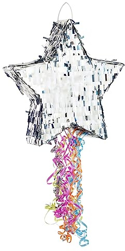 Sparkle and Bash Star Pinata with Pull Strings - Silver, 13 x 13 x 3 in - Space Theme Birthday Decoration & Baby Shower Supply - Pinatas with Pull Strings for Kids & Adults