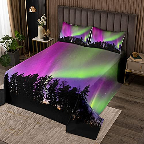 richhome Lila Aurora Tagesdecke Bettüberwurf Steppdecke,Kiefer Silhouette Bed Cover/Sofa Cover Patchwork,Fantasy Galaxy Natur Softest Bettüberwurf Gesteppte Decke 3St,240x260