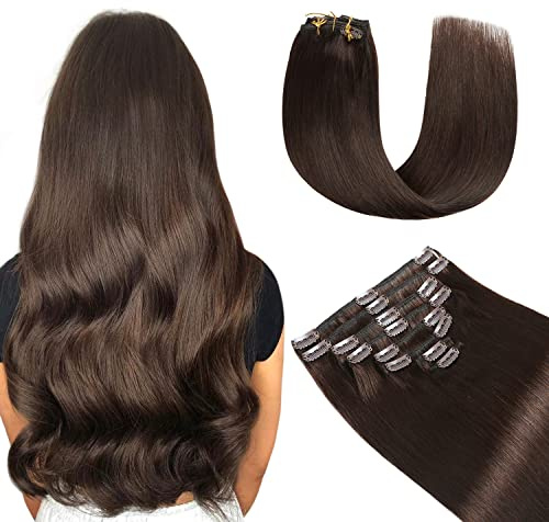 YILITE Clip in Extensions Echthaar 45cm #2 Braun Echthaar Extensions Clip | Invisible Clip in Extensions, Remy Hair,Stilbar, 8stk 120g 14 Zoll, Einfach Anzubringen für Volumen & LäNge Im Alltag & Party