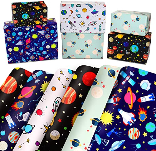 Spazio Carta da Regalo per Bambini - Motivo Marino, Galassia, Astronave - Compleanno per Ragazzi e Ragazze - Blu e Bianco
