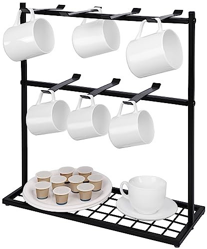 BELLE VOUS Küchen Organizer Kaffeetassen Halter mit Aufbewahrungsbasis - 40 x 15 x 41 cm - Küchen Regal mit 14 Haken für Tassen - 2-Stufiger Küche Organizer aus Metall für Tee- & Kaffeebar