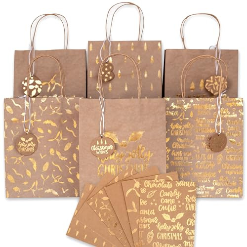 Papierdrachen Geschenktüten Weihnachten groß - 6 Stück - braun mit Goldfolie - 22×18×8 cm - inkl. 6 Karten & Anhänger - Henkeltüten Geschenkverpackung