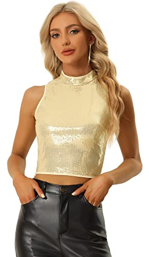Allegra K Damen Glitzertop Top Ärmellos Pailletten Metallic Glitzer Party Bluse Hell Gold XL