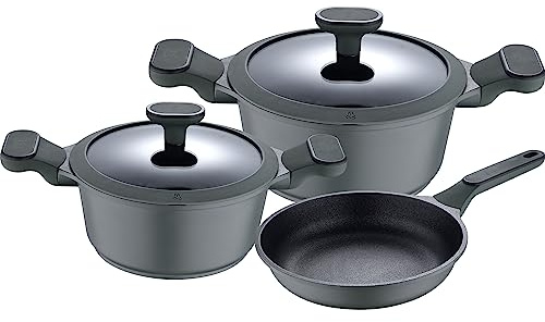 Set 5pcs bateria de cocina: sartén sin tapa de 24 (1,9L), cacerolas con tapa de 20 (2,46L) y 24cm (4,3L), aluminio fundido, apta para inducción, colección Solo de San Ignacio