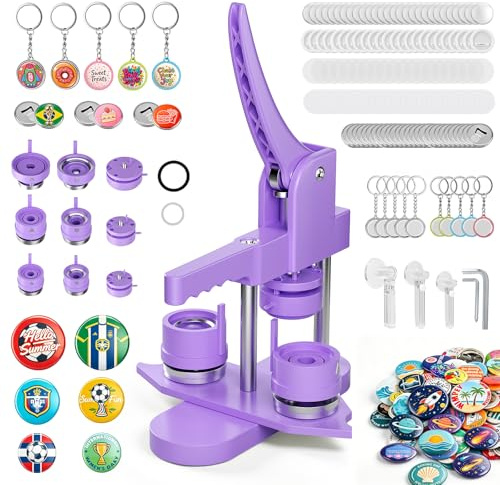 Zimiking Buttonmaschine Button Badge Maker 25+32+58 mm 300 Sets Kunststoff-Abzeichen-Nadelrücken, 10 Flaschenöffner, 10 Schlüsselanhänger-Sets, Formen & Rundpapierschneider (Lila)