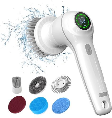 CkeyiN Elektrische Reinigungsbürste, Kabelloser Fugenreiniger mit 7 Austauschbaren Bürstenköpfen für Bad Auto und Küche, Handheld Power Spin Scrubber Fugenbürste Mit LED Anzeige, 2 Modi, Weiß