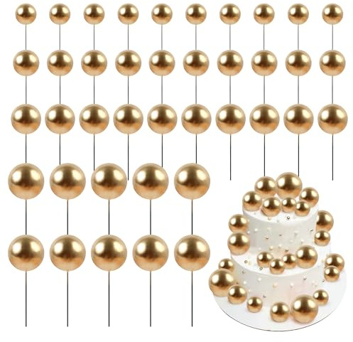 Blumomon 40Pcs Gold Balls Cake Topper DIY Cake Insert Toppers Ball Cake Picks Cupcake Topper for Birthday Party Baby Shower Wedding Cake Decoration