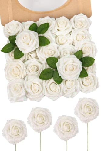 N&T NIETING Rose artificiali glitter, 25 pezzi, fiori finti con steli, rose artificiali in schiuma touch reale per matrimoni, mazzi, feste, ufficio, baby shower, decorazioni per la casa, Natale