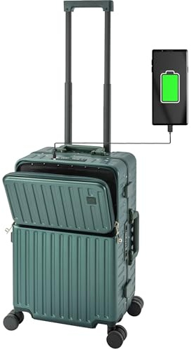 Travelhouse Roma Handgepäck Koffer mit USB Anschluss, Getränkehalter, Alu-Rahmen, PC Hartschale, Trolley, Bordkoffer, Rollkoffer, Cabin Case 55x35x23 cm, Grün