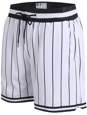 DEHANER Men's Retro Basketball Shorts with Zip Pockets Mesh Gym Athletic Sports Outfits Running Workout Pro Club Training Clothing,Black Pinstriped-White Shorts,Men Size Large