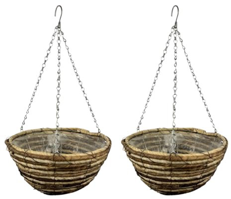 ADEPTNA Set of 2 Round Garden Hanging Baskets with Lined and Detachable Hanging Chain - Natural Basket Hanging Plants Flower Planter Pot (12’’ WICKER ROPE BASKETS)