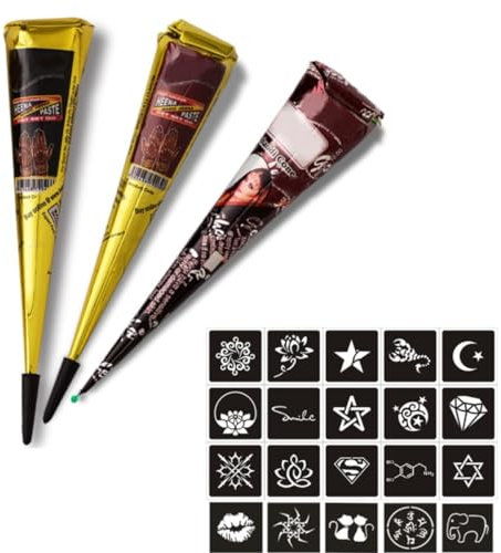 KARLOR 3 Pcs Henna Paste Cones with Tattoos Stencils, brown red black Henna cones 100% Natural Henna Cones for Temporary Tattoos Body Art All Natural Herbal Ingredients Chemical Free Long-lasting