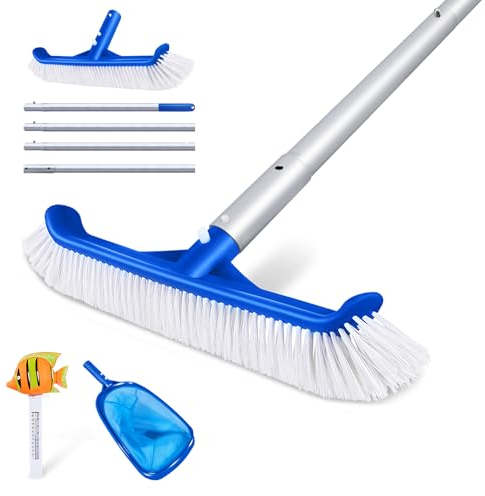 HEVOL Pool Reinigungsset, 3 Stück Poolbürste mit Teleskopstange und Schwimmendes Fischthermometer, Pool Reinigungsbürste mit Kescher, Poolbesen für Folienpool, Wände, Böden, Blau