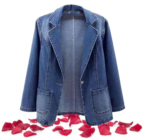 WUQILONGBANG Denim-Blazer für Damen, Übergröße, lässig, einreihig, eng anliegend, Jeansjacke, blau, 52
