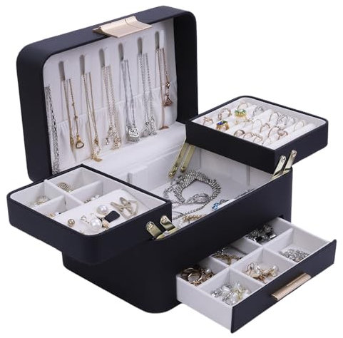 KAMIER Schmuckaufbewahrung, Schmuckkästchen mit 3 Ebenen PU-Leder, Schmuckschatulle Groß mit Schubladen,Jewelry Box für Damen, Samtiger Schutzschmuck Ohrring Ring, Armbänder (Black)