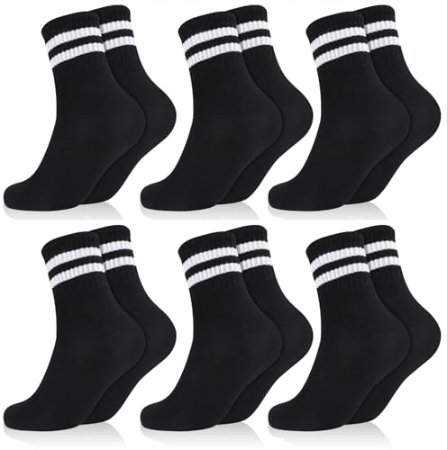Utensilsto 6 Paar Socken Kinder Tennissocken Kinder 31-34 Sportsocken Jungen Mädchen Elastische Baumwolle Kindersocken mit Streifen Sport Socken für Jungen Mädchen(Schwarz)