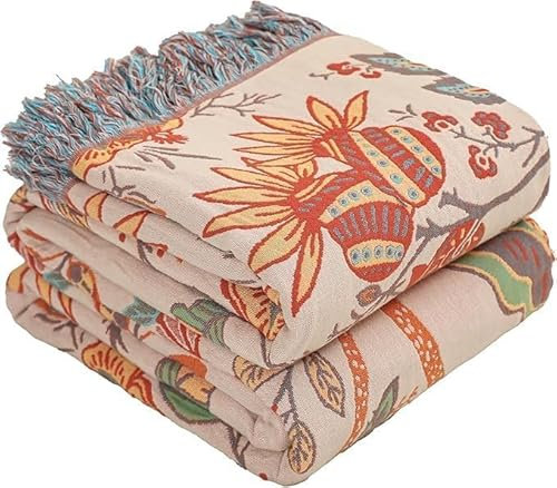 HOORDRY 4-Layer Cotton Gauze Blanket - Reversible, Bohemian Style with Anemone Flower Pattern & Tassel Design 150×200CM(60×80In)