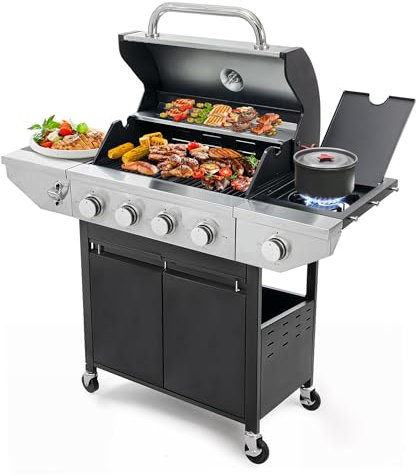YIORTWO - Parrilla de gas propano de 4 quemadores con quemador lateral, parrilla de barbacoa de acero inoxidable 48.500 BTU para cocina al aire última intervensión, jardín y patio, barbacoa de patio